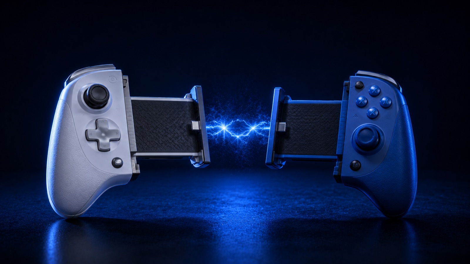 Zwei Smartphone-Controller-Hälften einander gegenüber, links in Weiß-Silber, rechts in Blau, dazwischen ein blauer Energie-Funke