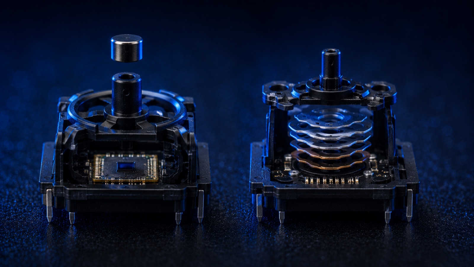 Makroaufnahme zweier zerlegter Analogstick-Module: links ein Magnet über dem Sensor-Chip (Hall-Effect), rechts ein Stapel dünner Metallschichten (TMR)